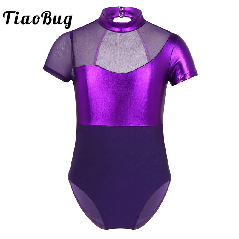 

TiaoBug Kids Teens Short Sleeve Mesh Splice Ballet Leotard Girls Shiny Metallic Stage Dance Costume Gymnastics Leotard Dancewear