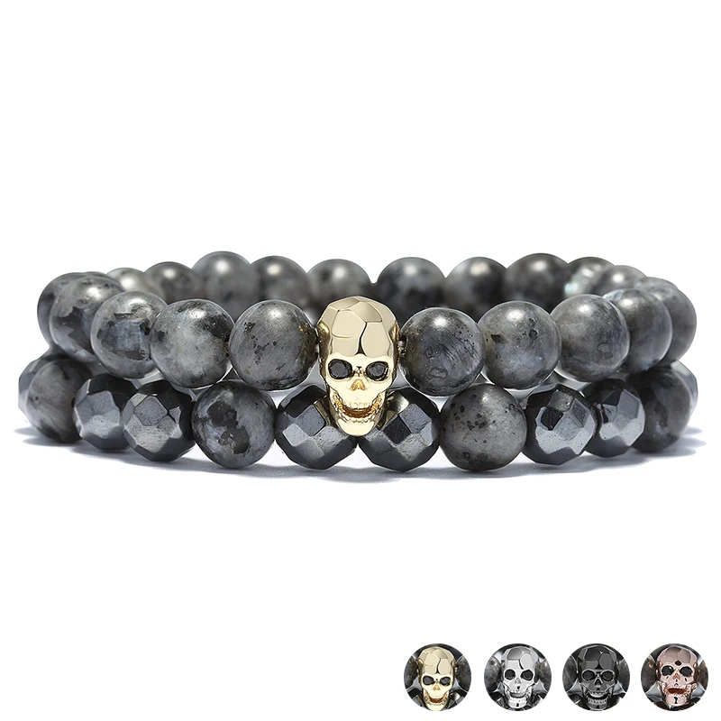 

Black Faced Beads Punk Skull Bracelets Set Hand Accessories 2PCS Skeleton Male Strand Bracelet Men Jewelry Erkek Bileklik