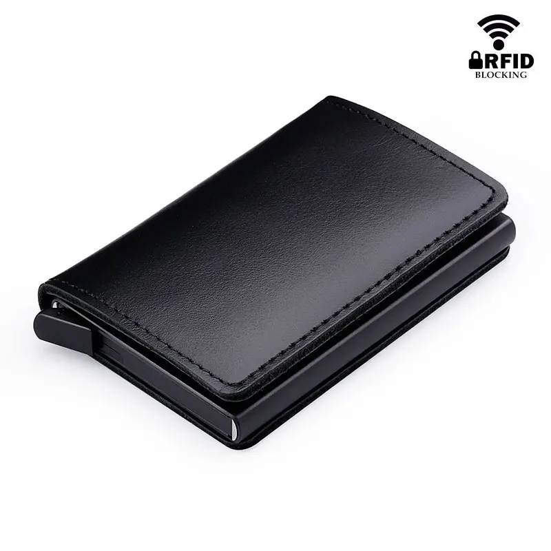 RFID حجب 100% جلد طبيعي حامل بطاقة الائتمان معدن الألمنيوم الشركة ID حامل بطاقة ضئيلة حالة مصغرة محفظة للرجال