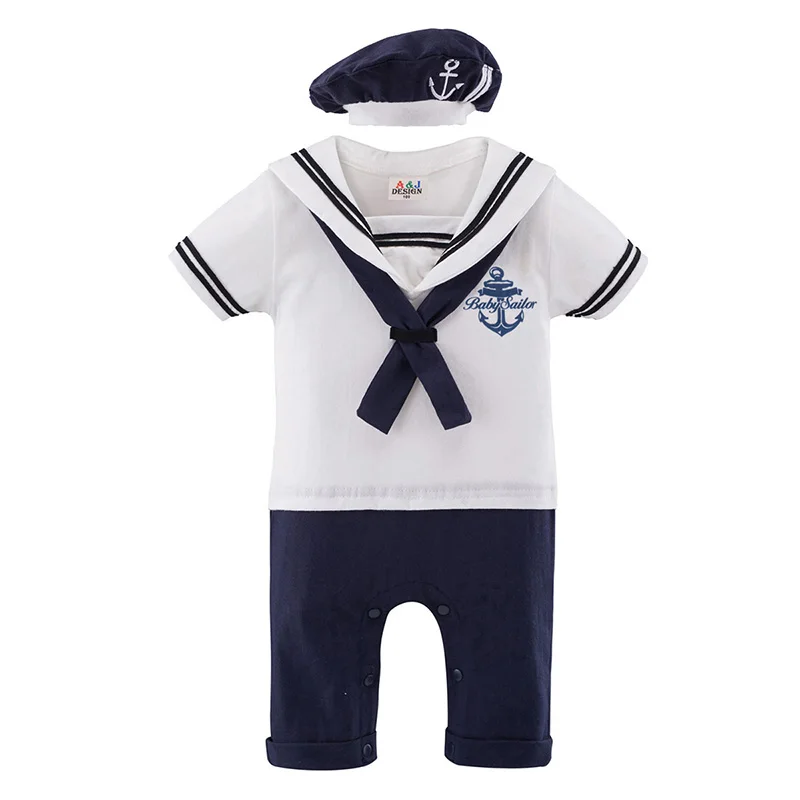 Матросский костюм для новорожденных мальчиков комбинезон со шляпой, комплект для младенцев, вечерние игровой костюм для косплея, комбинезон, одежда - Color: White