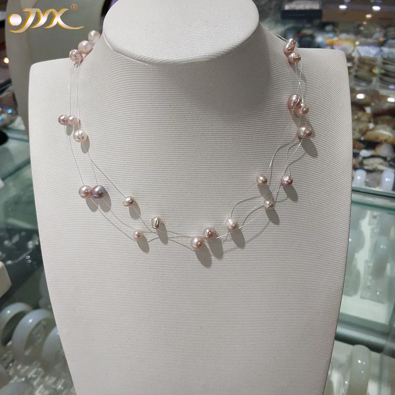 

JYX Natural Light Lavender Babysbreath pearl necklace three strands style for women 16"