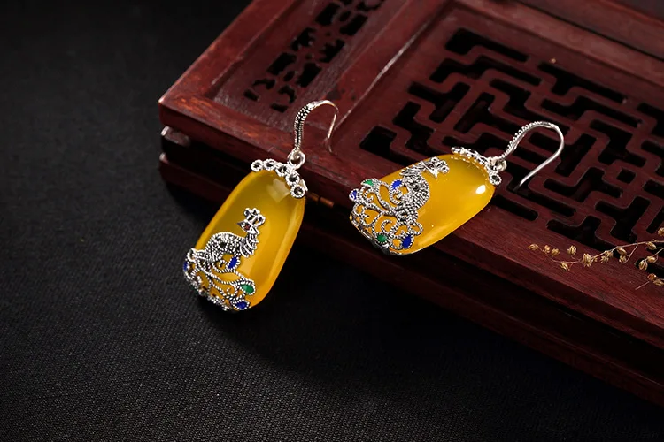 Jinwateryu, 925 пробы, silve earringsr, для женщин, девочек, висячие серьги с желтым камнем, халцедон и кубический циркон, серьги