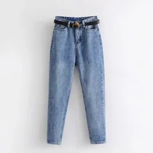 Высокая талия шаровары для женщин с поясом осень уличная синий проблемных рок джинсы для отбеливать стирка Винтаж рваные Джинс