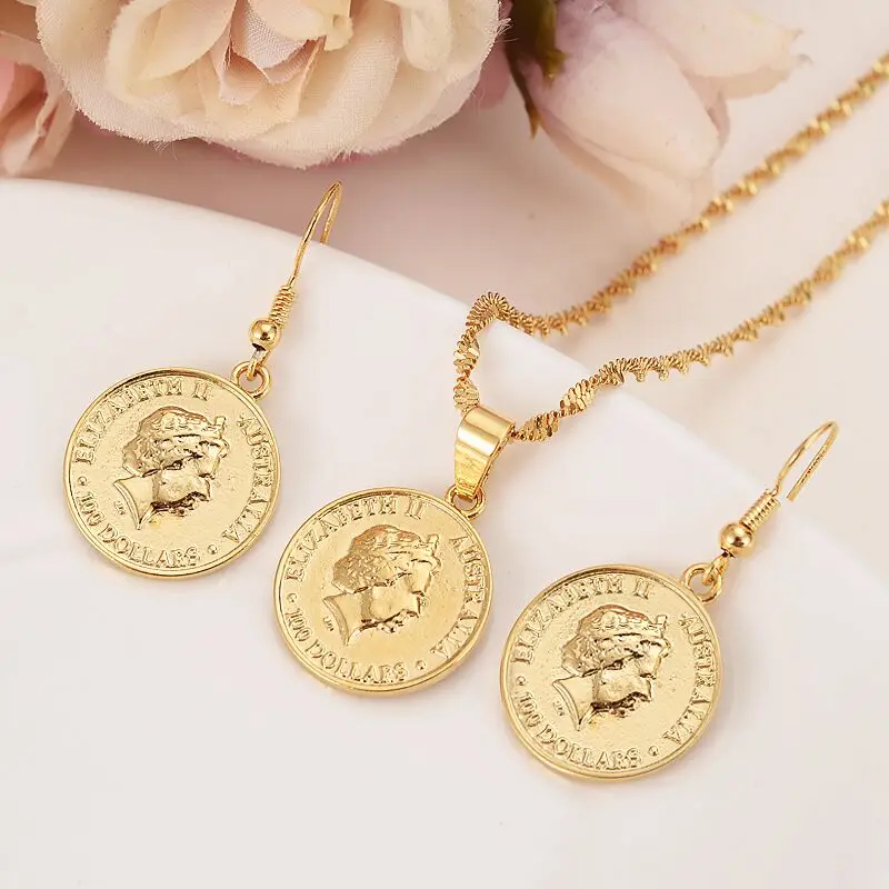 

14 k Yellow Solid gold Finish Australia commemorative Elizabeth 100 replica medal coins collectibles Kangaroo earrings pendant