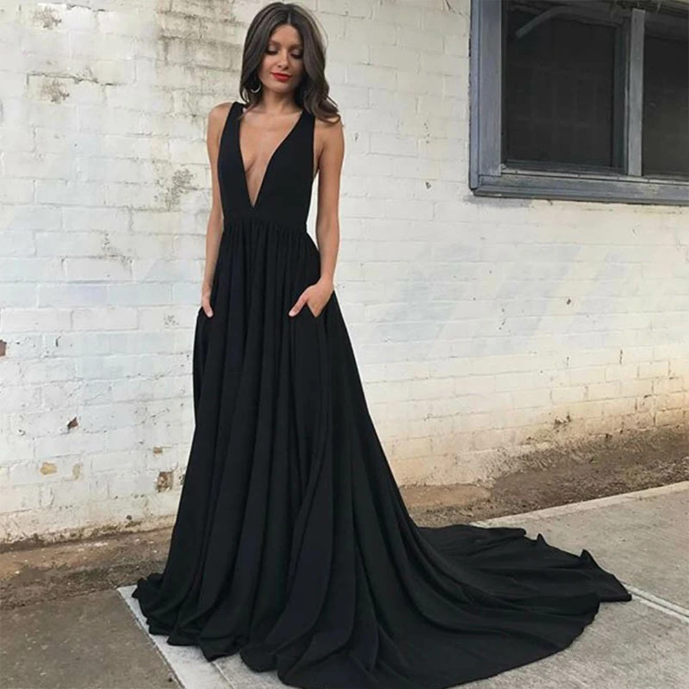 

Bbonlinedress Sexy Black Prom Dress 2020 V-Neck Evening Dresses with Pockets Backless Evening Gowns Vestido de noche