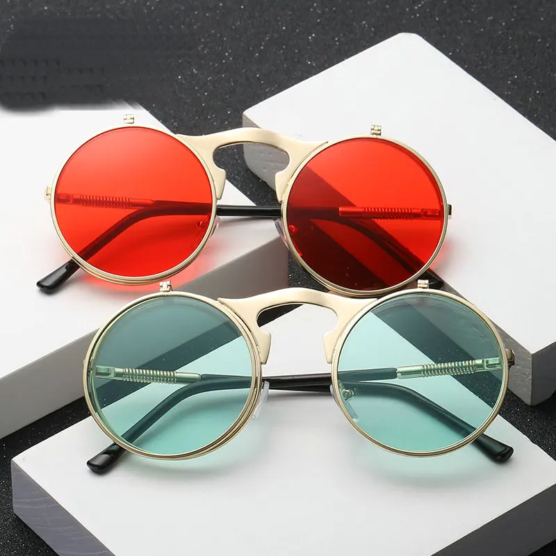 

2019 Vintage punk Flip Sunglasses Retro Round Metal Frame Sun Glasses for Men Women Brand Designer Circle Glasses FML