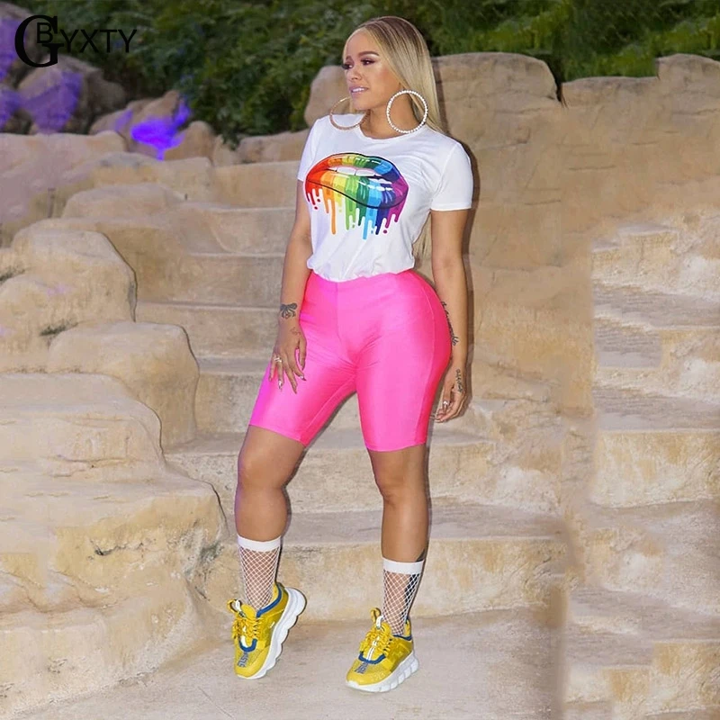 

GBYXTY Summer Cothes Women Lips Print Skinny Biker Short Sets 2 Piece Set T-Shirt Tops and Skorts Femme Tracksuit Outfit ZL225