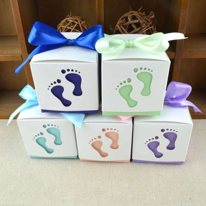 

50pcs Cute Baby Footprints Candy Boxes With Ribbon Baby Shower Souvenir Baptism Favors Gift Box Container Birthday Party Decor