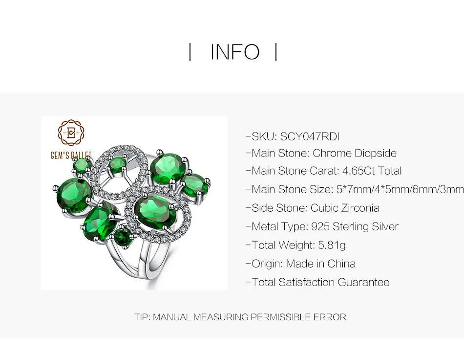GEM'S BALLET 4.65Ct натуральный хром диопсид драгоценный камень кольцо 925 пробы Серебряное классическое коктейльное кольцо для женщин подарок хорошее ювелирное изделие
