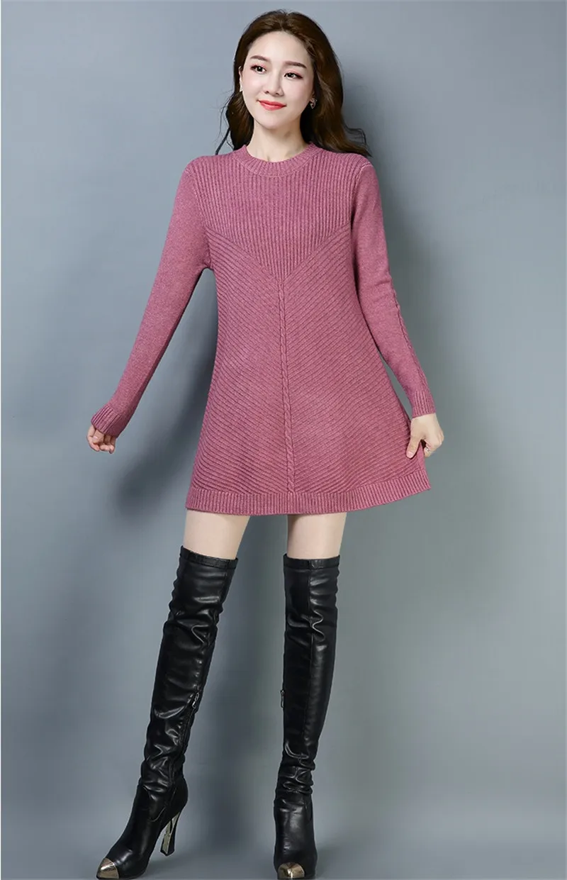 Осенне-зимние женские свитера средней длины, вязаный пуловер с круглым вырезом и длинными рукавами, топы, корейские свободные вязаные свитера, платье - Цвет: Rose powder