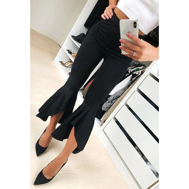 Fashion Asymmetric Frill Hem Ruffle Trousers Women Bottom Flare Pants ...