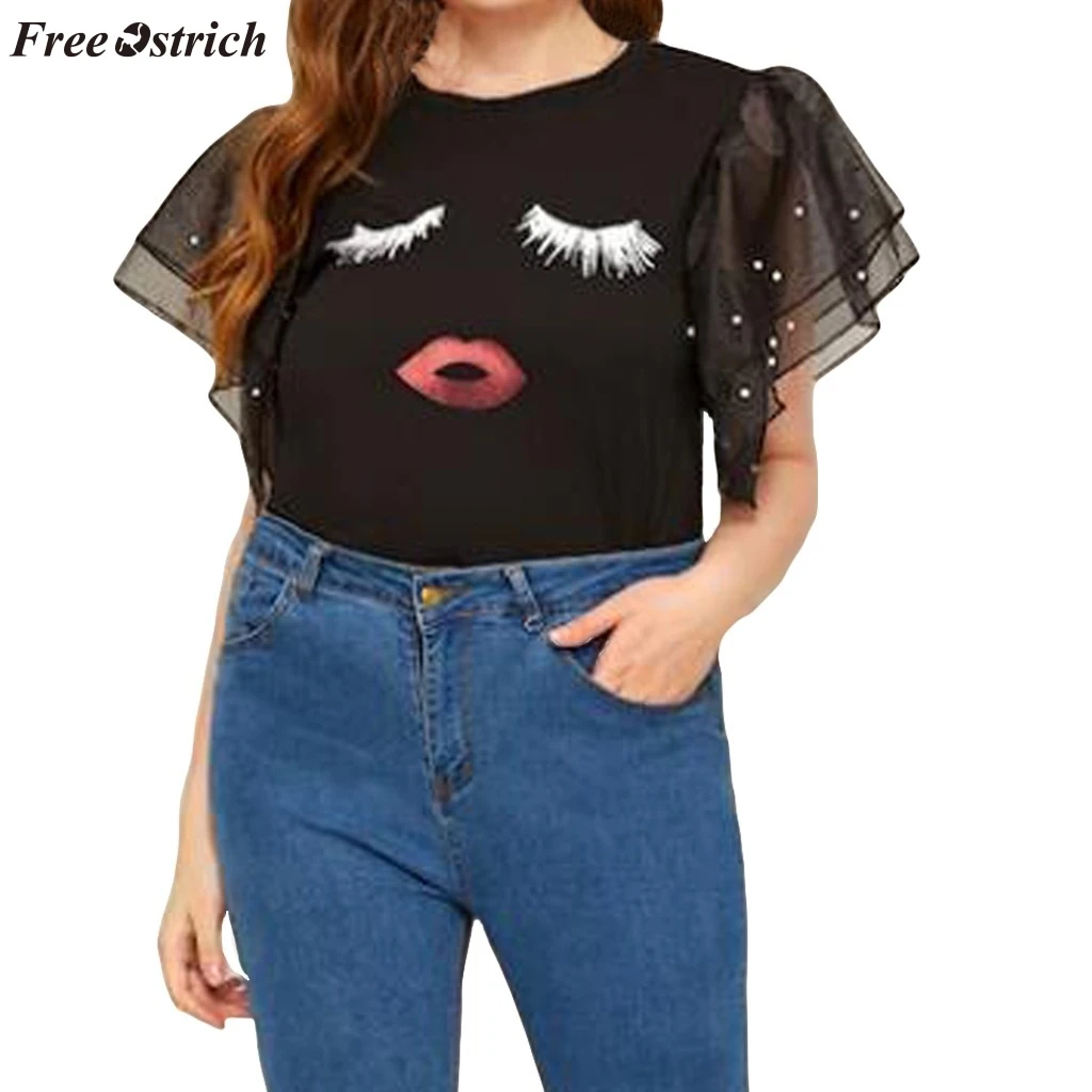 

FREE OSTRICH Women fashion short-sleeved T-shirt round neck sexy/nightclub knit fabric contrast pearl beaded mesh cuffs T-shirt