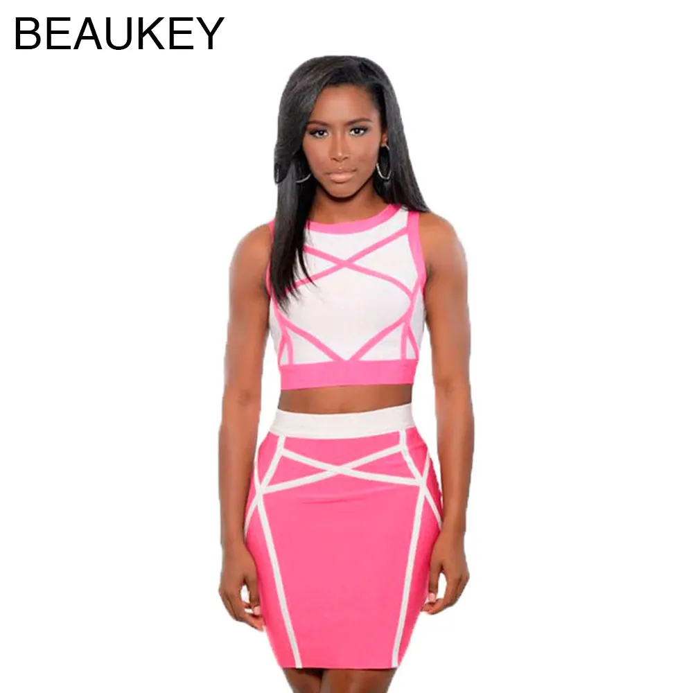 

Rayon 2 Pieces Set Pink Cross Stripes And White Sleeveless Crop Top And High Waist Knitted Elastic Knee Length Skirt