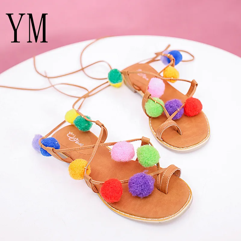 

Sexy Lady Gladiator Sandals Women Shoes Lace Up Flowers Pom Pom Sandals Women Open Toe Flat heels Sexy Denim Sandals