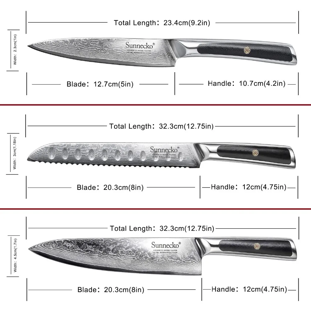 SUNNECKO 3 шт. Дамасские стальные ножи Набор Изысканная Подарочная коробка Упаковка G10 Ручка слайсер для мяса шеф-повар хлеб Многофункциональный кухонный нож