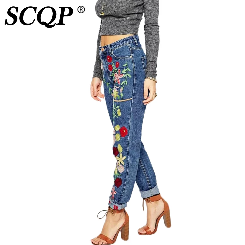 

SCQP Floral Embroidery Cowboy Womans Jeans Fashion Ladies Blue Trousers Denim Pants Women Autumn Casual Vintage Jean Femme 2016