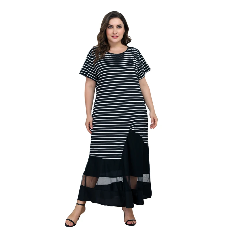 

ECOBROS Big size Dress 2019 Summer New Women Maxi Dress Loose stripe patchwork mesh long Dress Plus Size Fat MM Women Clothing