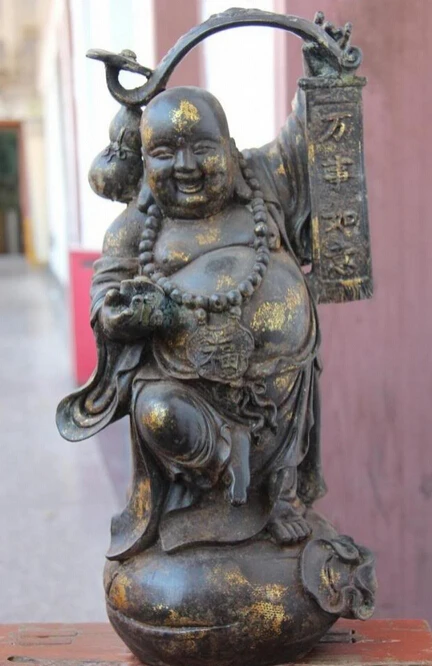 

shitou 001160 China Folk Fane Copper Bronze Auspicious Wealth RuYi Maitreya Rohan Monk Statue