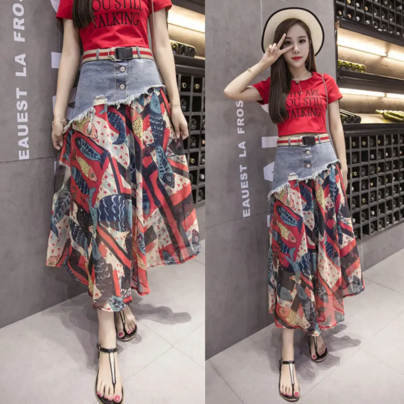 

Elegant Summer 2019 Women Long Skirt Chiffon Beach Bohemian Maxi High Waist Print Casual Skirts