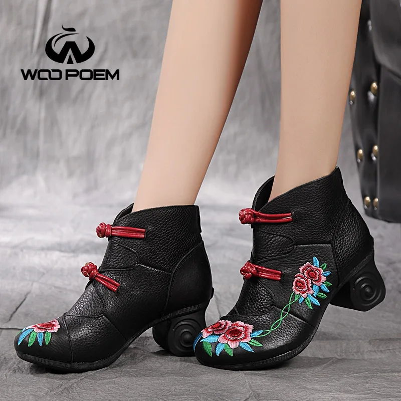 Г., зимняя обувь женские ботинки из натуральной кожи ботильоны на высоком каблуке Классические Женские ботинки в стиле ретро с вышитыми цветами