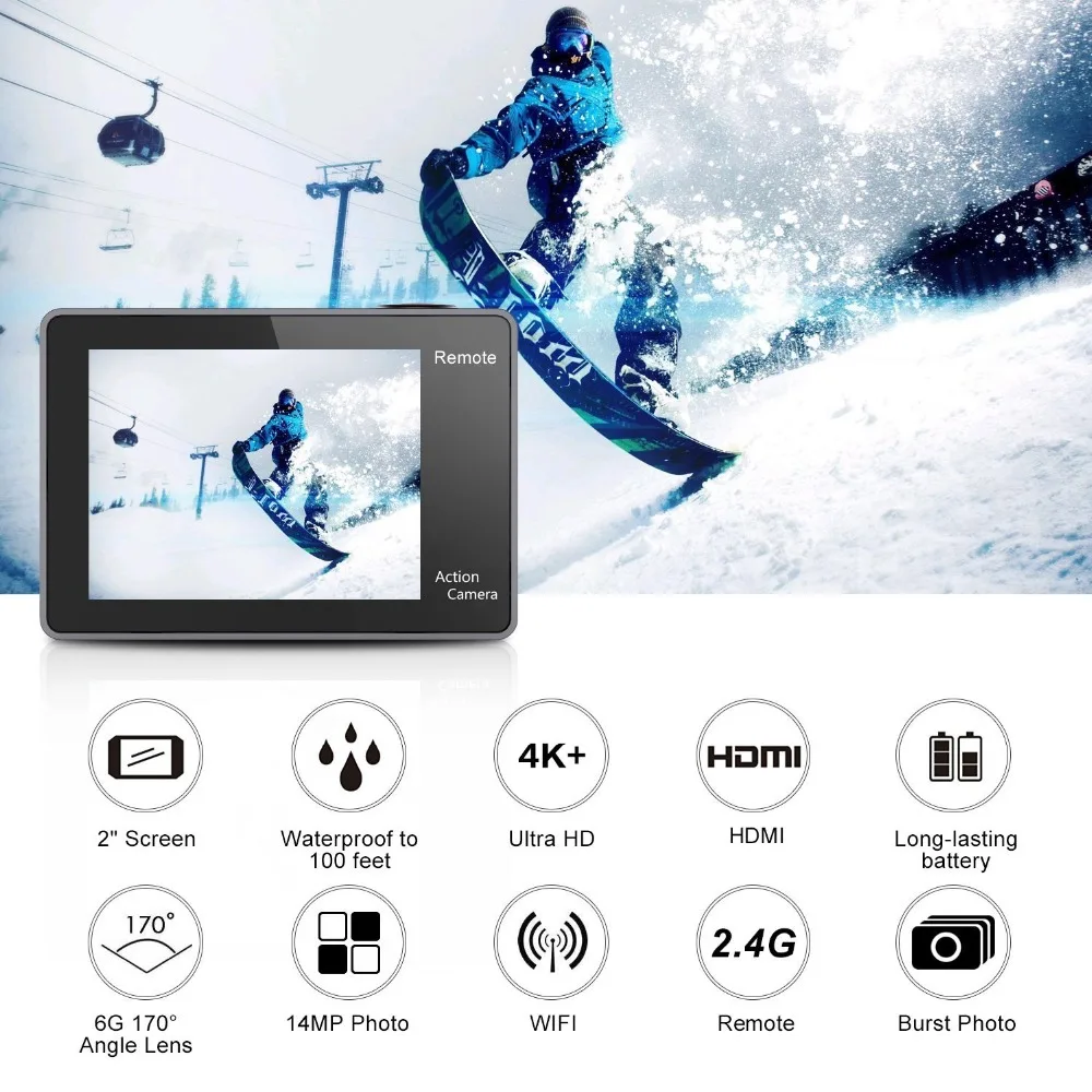 Экшн-камера eken H9R Plus 4K Ultra HD 30FPS WiFi 2," 170D Go для подводного плавания, водонепроницаемая профессиональная камера на шлем, дистанционная Спортивная камера