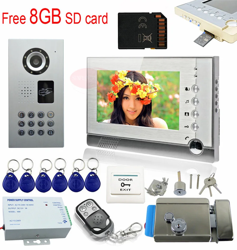 

7 Inch TFT LCD monitor with 8G SD card video recording IR Camera Video DoorPhone Intercom System Waterproof IP65