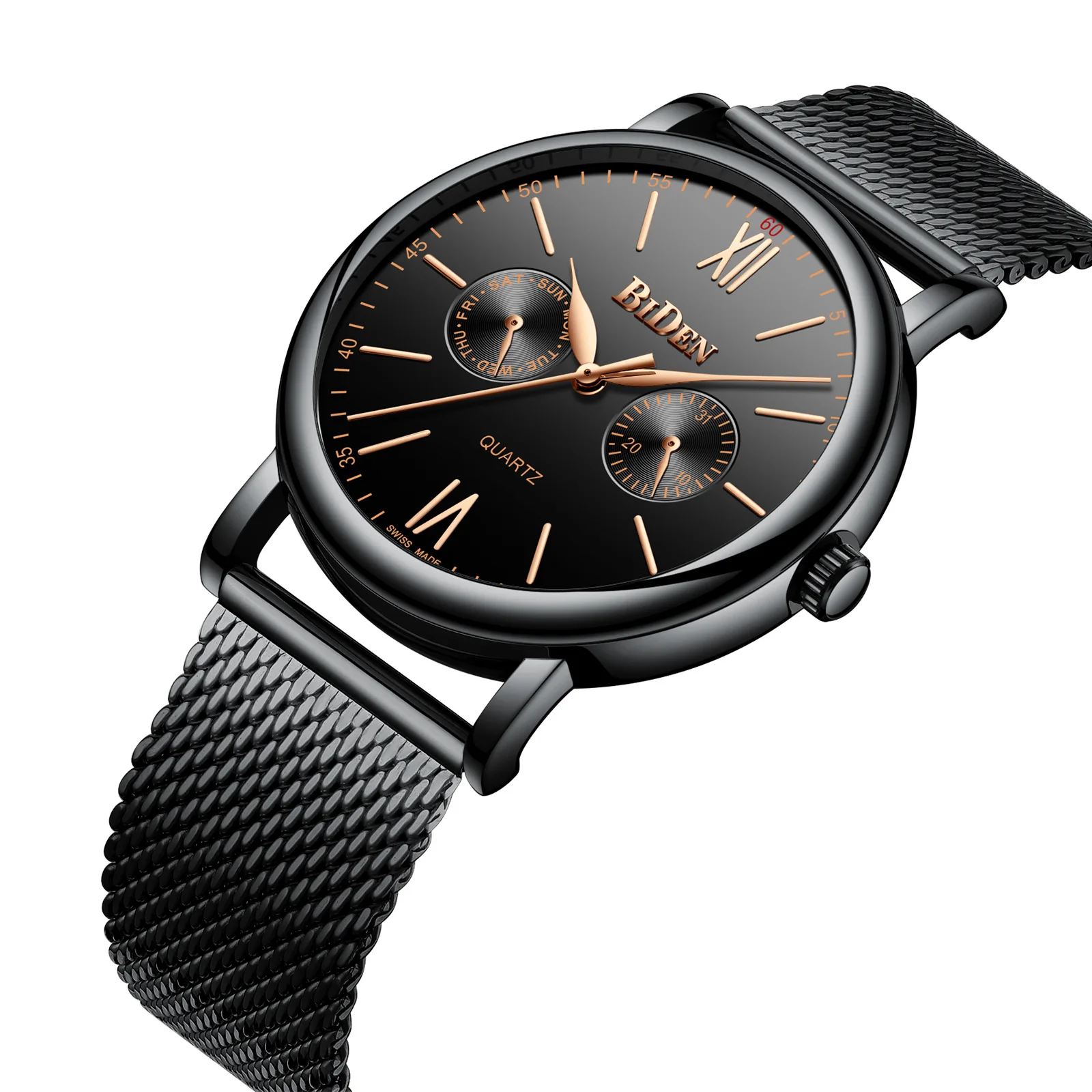 

business BIDEN brand mens quartz wristwatches stainless steel Mesh belt man watches waterproof calendar week Japanese movement