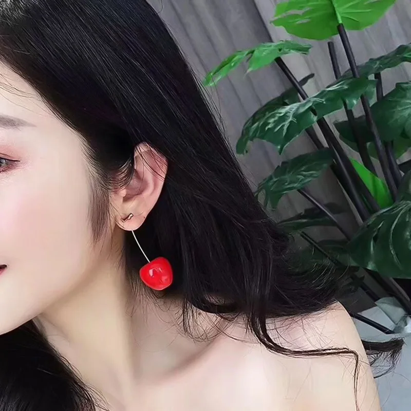 

Resin Cute Red Cherry Fruit Dangle Earrings For Women Lovely Sweet Fruit Fresh Round Cherry Earrings Summer Jewelry Gift