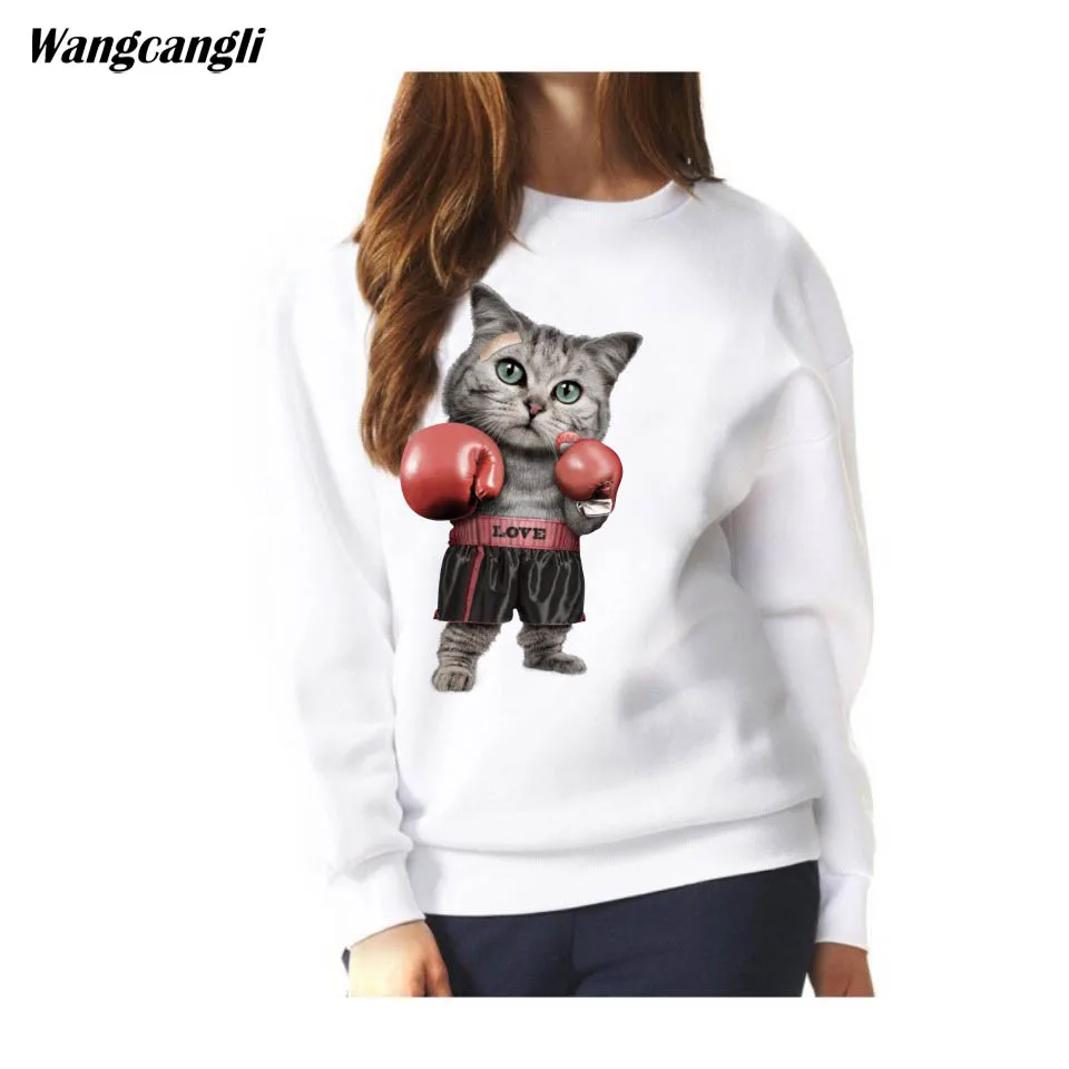 2017 Cat Sweatshirt Women Hip Hop Funny Pugilism Kitten Long Sleeve