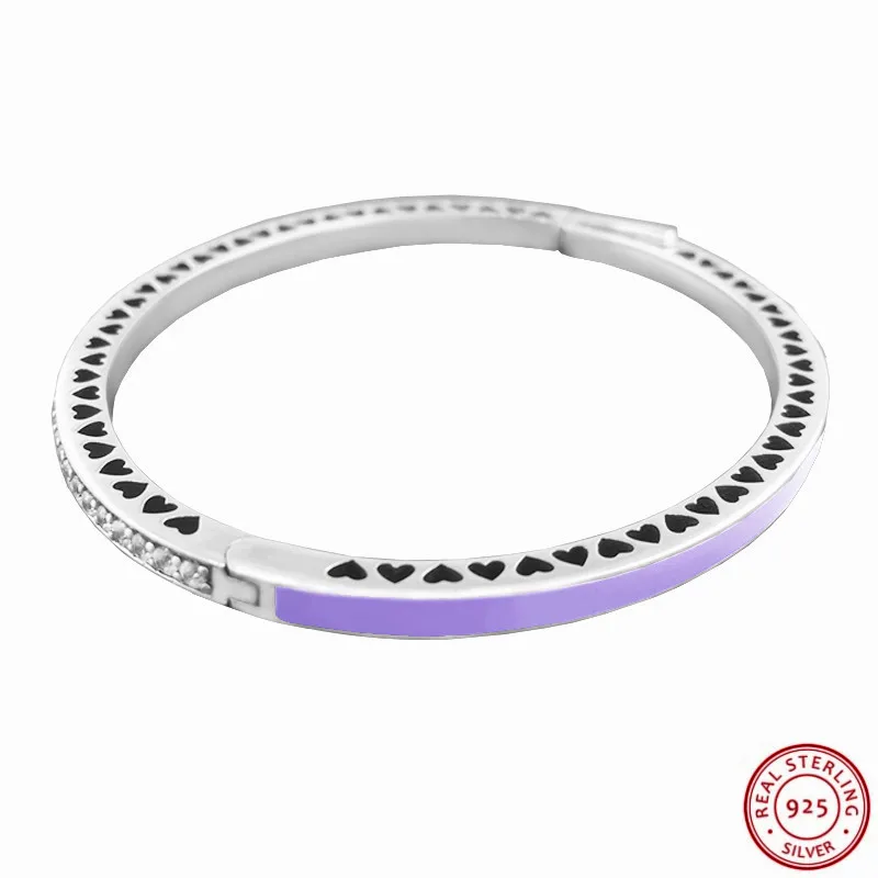 

Authentic 925 Sterling Silver Radiant Hearts Bangles Bracelets for Women Jewelry with Embellished Stones Lavender Enamel FLB039