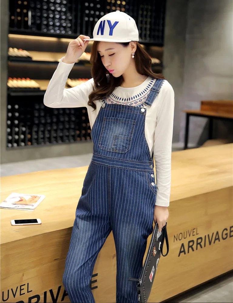 Women's Striped Overall Maternity Denim Jumpsuit Loose Rompers Baggy