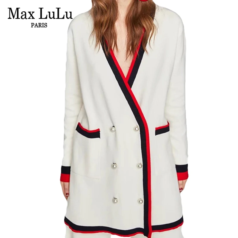

Max LuLu Luxury Pearl Designer 3d Striped Knitted Knitwear Womens V Neck Cardigan Winter Clothing Ladies Christmas Sweaters Pull