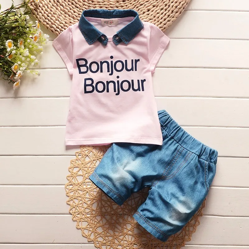 

BibiCola Summer Baby Boys Clothing Set Children removable denim lapel Tops +Short Pants Tracksuit 2pcs Set Boys Sport Suit Sets