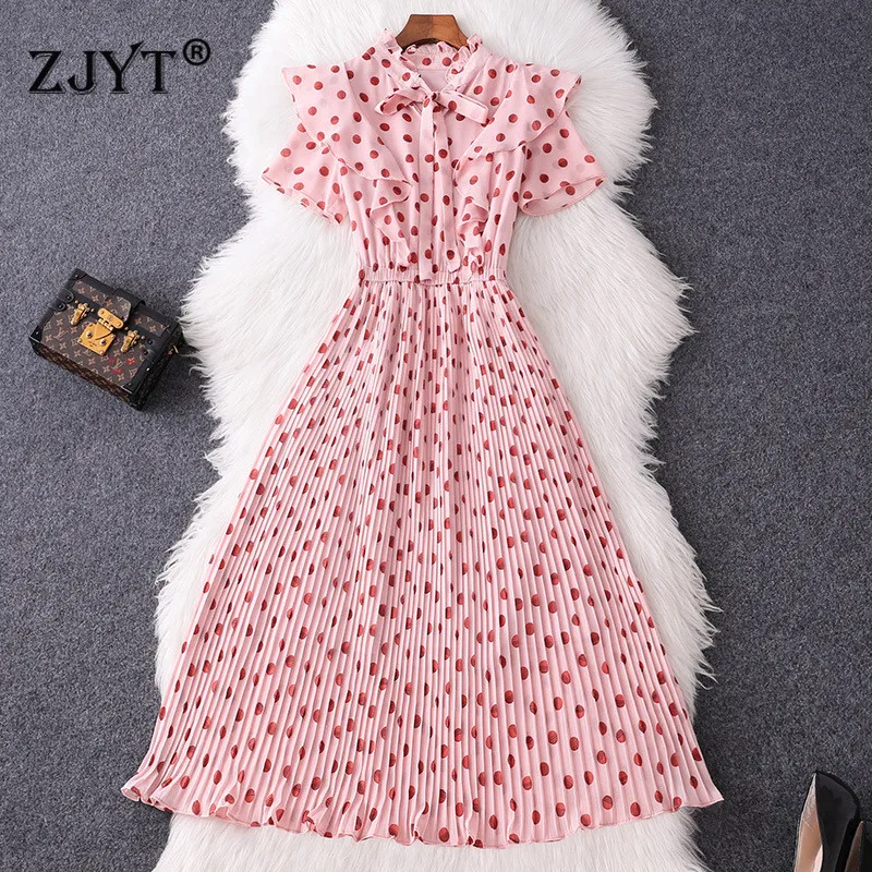

Fashion Designer Summer Dress 2019 Women Elegant Bow Collar Short Sleeve Ruffles Dot Print Pink Pleated Chiffon Dress robe femme