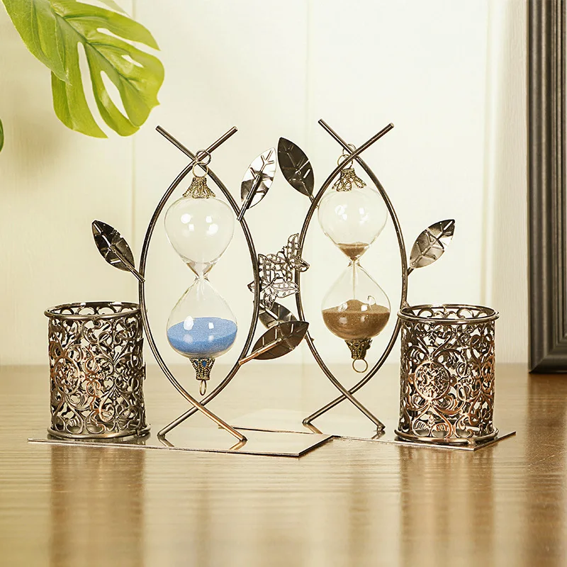 

Creative Leaves Hourglass Pen Holder Metal Crafts Colorful Quicksand Desktop Ornaments Student Wedding Gift