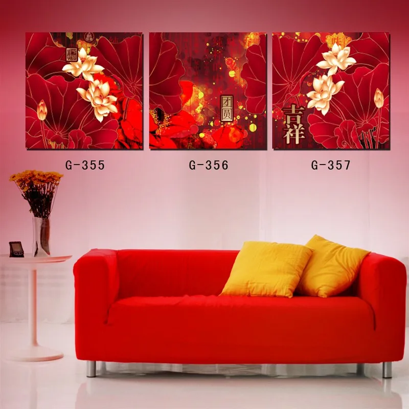 Chinese painting 3 piece canvas wall art Chinese art Red wall art New