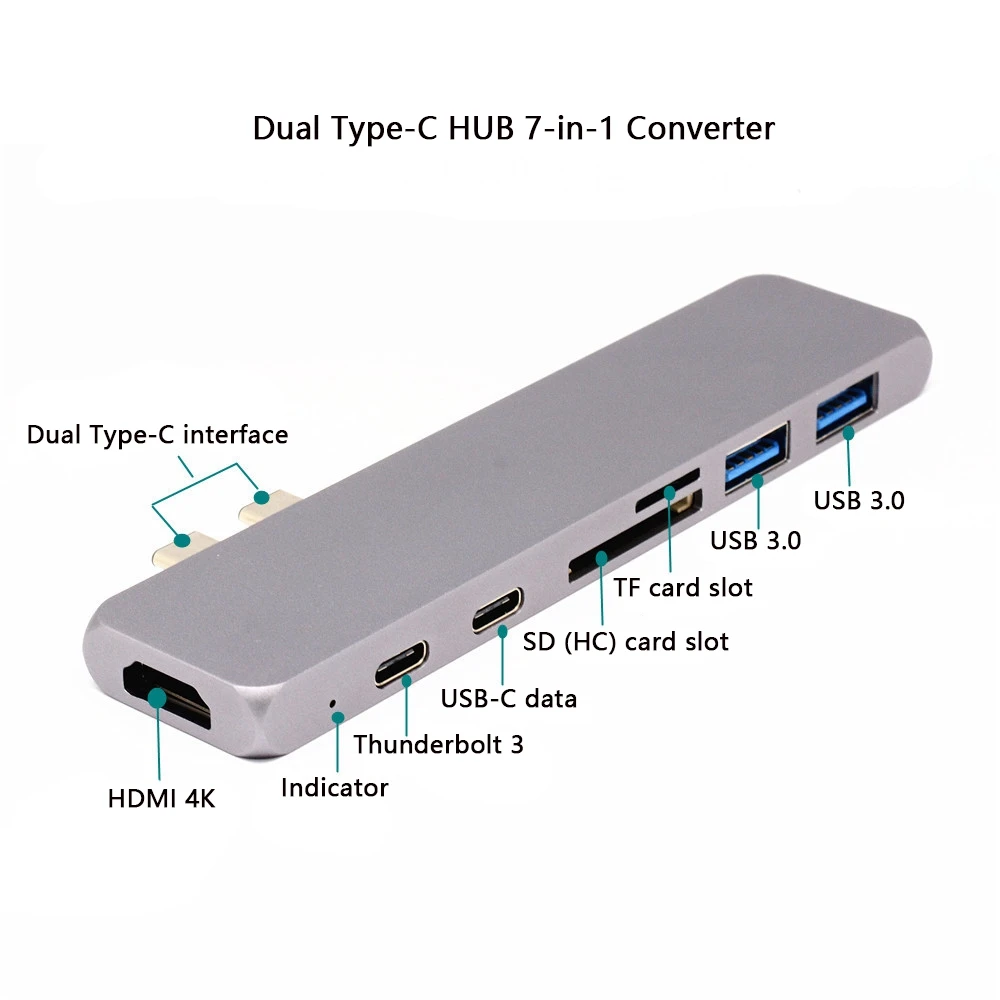 Doble cabeza TYPE-C a 2xUSB3. 0 HUB + SD/lector de tarjetas TF + USB-C Datos + PD carga + HDMI 4 K, para MacBook Pro 2017/2016 13
