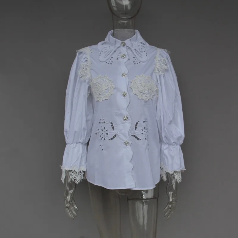 GALCAUR элегантная кружевная женская блузка, пэчворк, с отворотом, с расклешенными рукавами, открытая Свободная рубашка, топ, Женская Летняя мода - Цвет: White