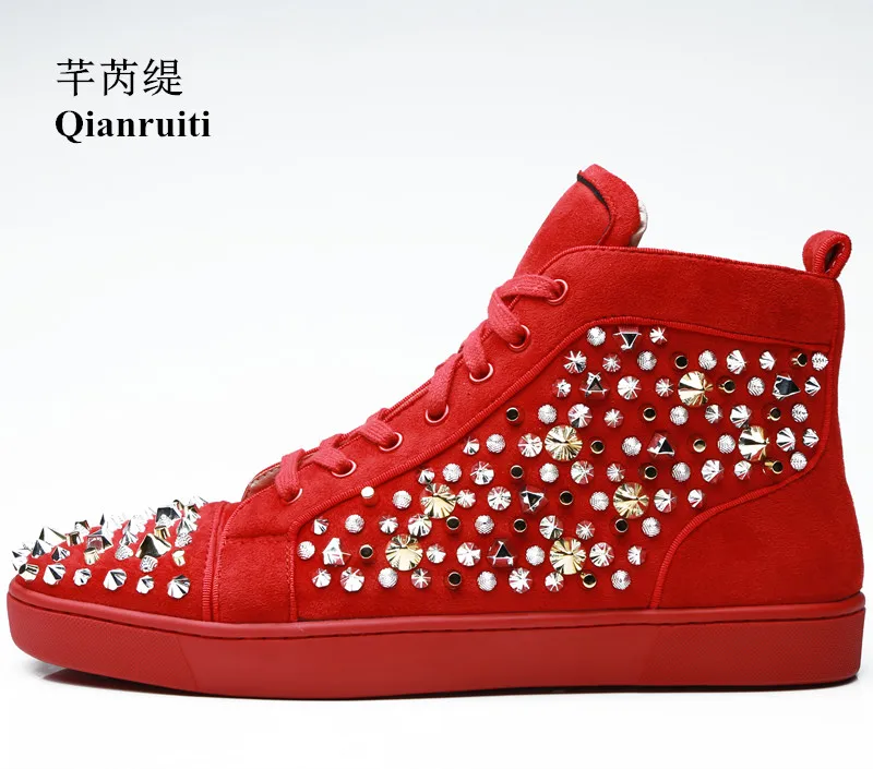 Qianruiti/брендовые Роскошные шипы шипованных мужские кроссовки с высоким берцем Обувь На Шнуровке на плоской подошве с заклепками повседневная обувь
