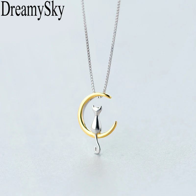 

DreamySky 100% Real 925 Sterling Silver Long Cat Moon Necklaces & Pendants For Women Personalized Boho Fashion Choker Necklaces