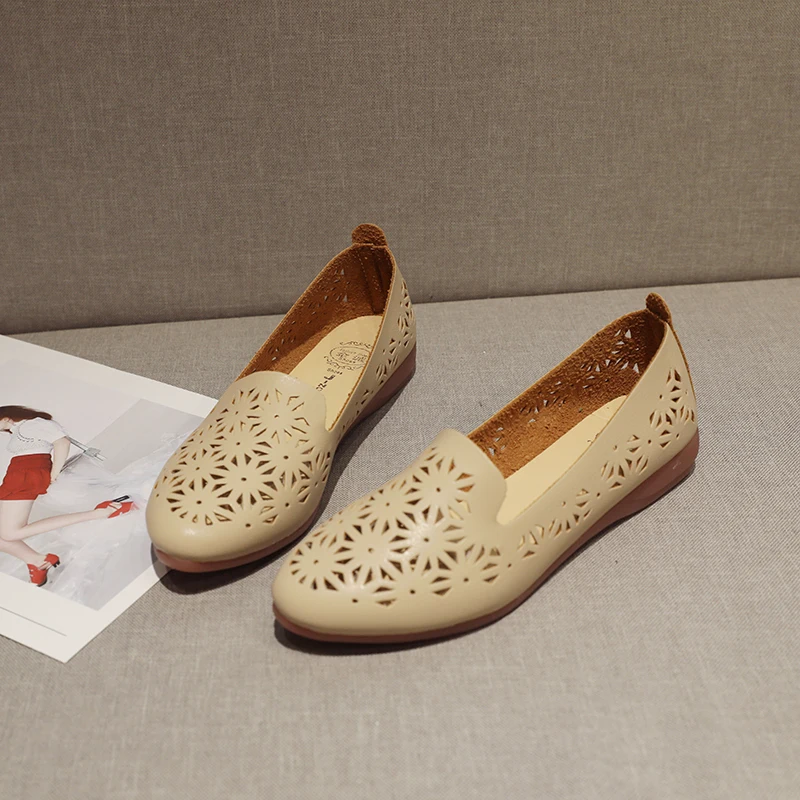 

Summer Ballet Flats Shoes Woman Leather Low Heels Slip on Comfortable Casual Women Shoes Footwear Leisure Hollow Ladies Loafers