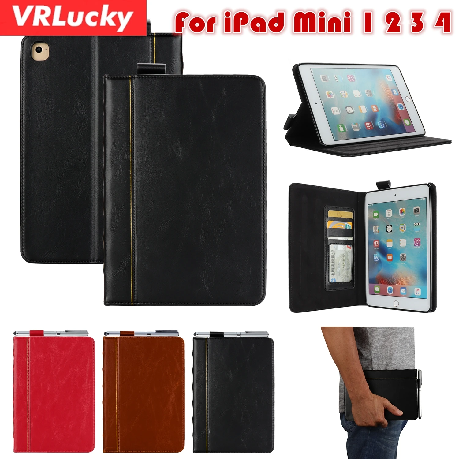 

VRLucky For iPad Mini 1 2 3 4 Case Luxury Business Book Style Flip Stand and Card Slots High Quality Leather Cover Case