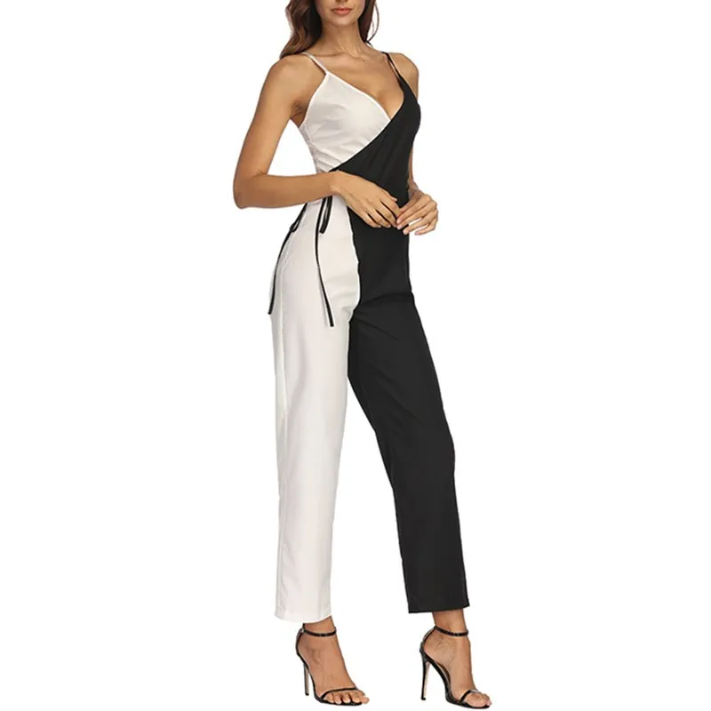 

2019 Women V Neck Loose Playsuit Streetwear Lace Up Wrap Jumpsuit Casual Spaghetti Strap Patchwork Overalls