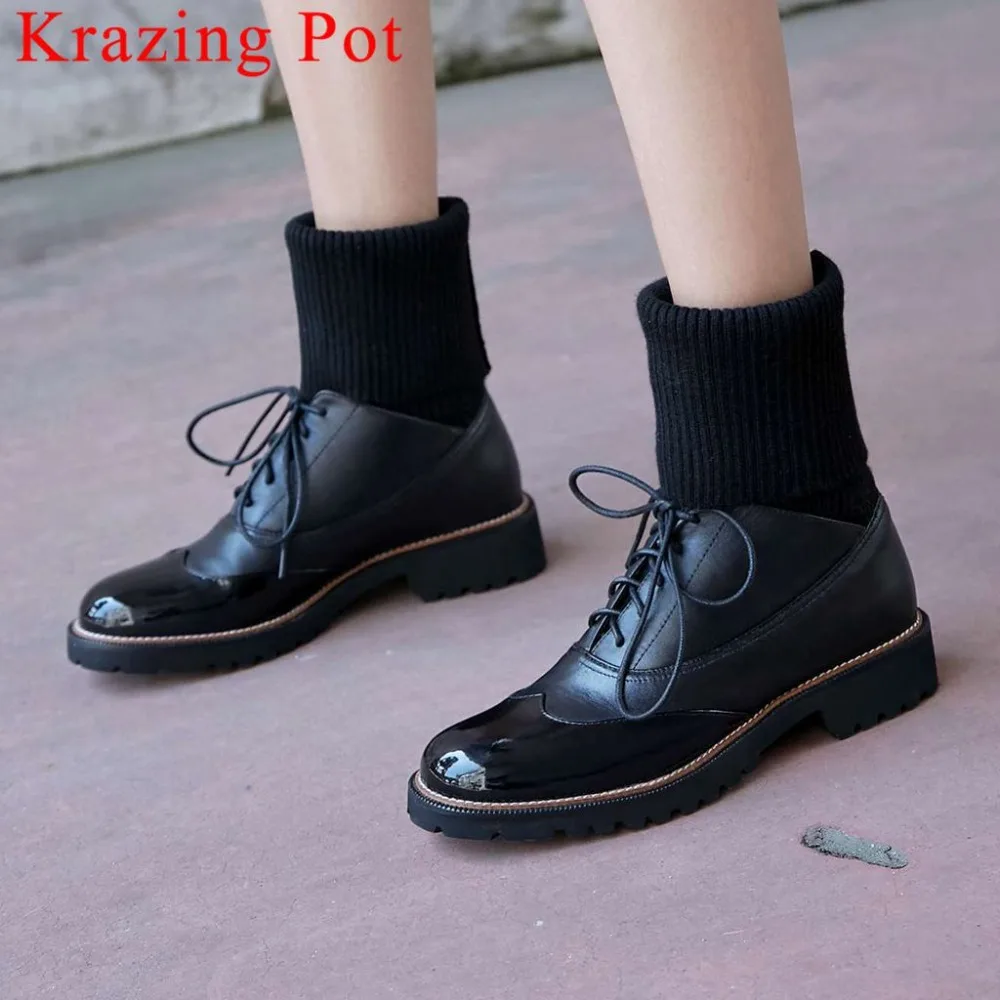 

British school vintage genuine leather retro round toe low heels slip on knitting stretch mid-calf boots young girls shoes L00