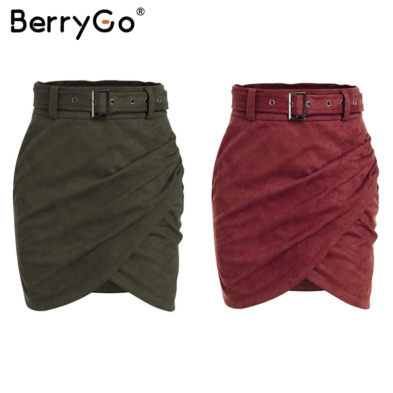 BerryGo Асимметричная замшевая кожаная женская юбка высокая талия с поясом облегающая мини юбка осень зима женская уличная юбка карандаш