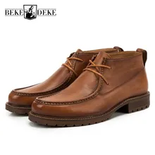 Винтажные мужские ботильоны из натуральной коровьей кожи на шнуровке Рабочая обувь с круглым носком Мужская зимняя теплая обувь на низком каблуке в английском стиле