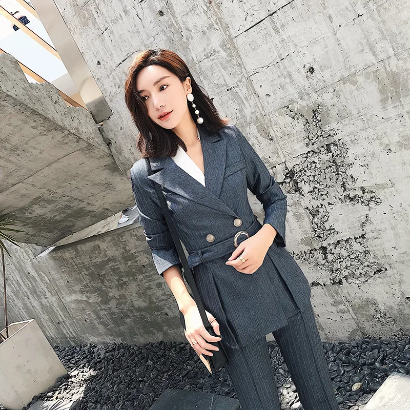 Woman suits lady suit office Full Sleeve Slim Work Striped Blazer Set Women's pants suit women 2019 autumn new women's clothing