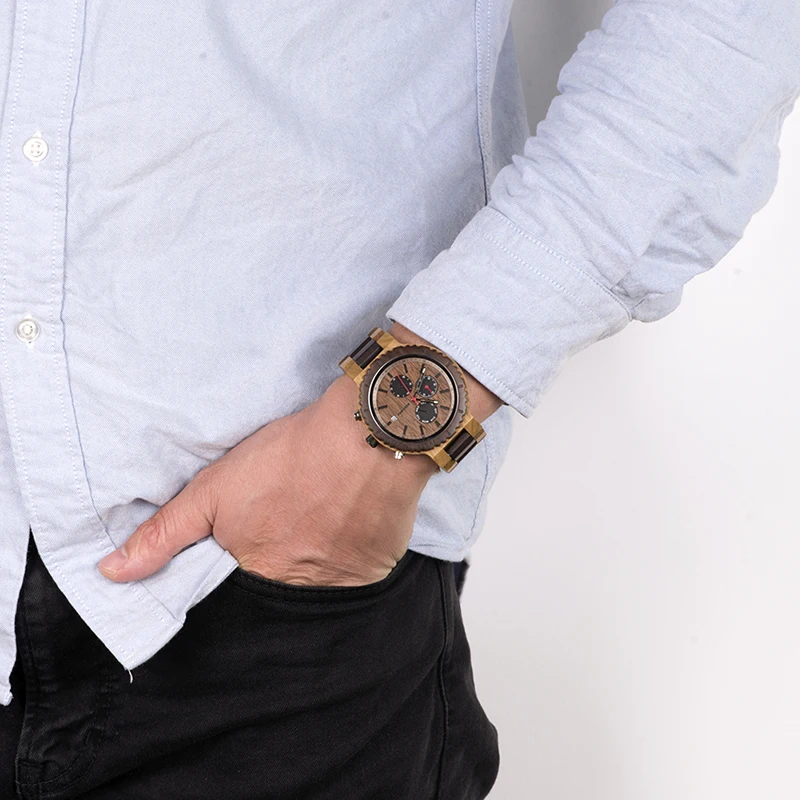 Week Display BOBO BIRD Men Watch Top Stylish Wood Chronograph Timepieces Quartz Watches relogio masculino In Wood Gift Box L-R21