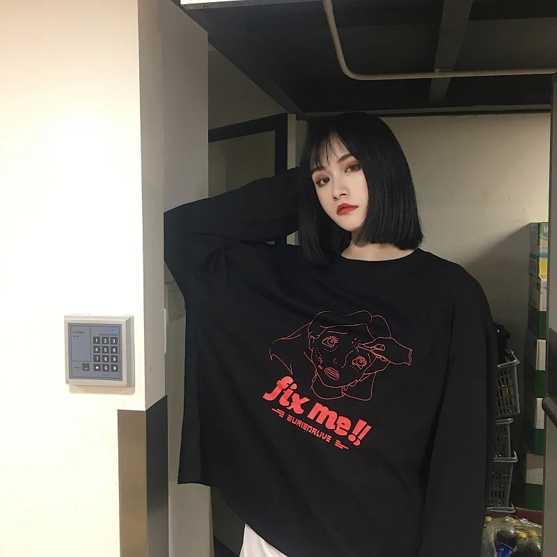 Футболка Femme 2020 осенняя одежда Корейский Ulzzang Harajuku забавная футболка с длинным