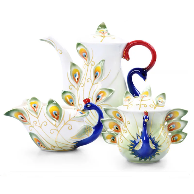 

Color Enamel 3D Peacock Coffee Pot Sugar Cans Milk Kettle Creative Bone China Drinkware Ceramic Set